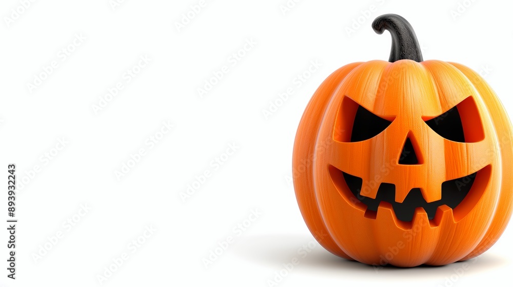 Obraz premium A pumpkin with a scary face on it. The pumpkin is orange and has a black nose. It is placed on a white background
