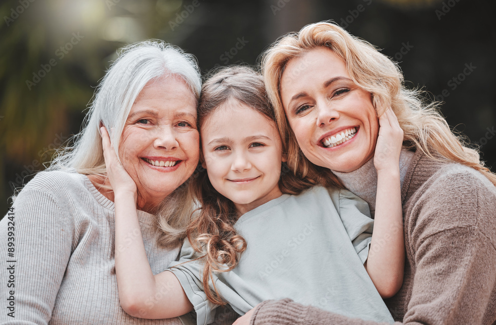 Φωτογραφία Happy, girl and mother with grandmother in portrait with embrace, bonding and generations outdoor in home
