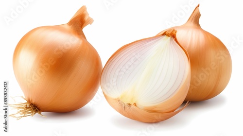 Three onions are shown, one of which is cut in half. The onions are all brown and appear to be fresh