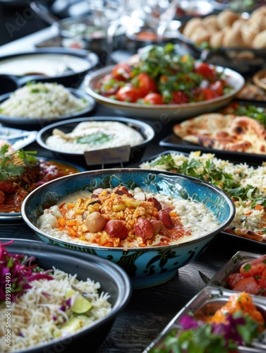 Variety of spicy and vegetarian foods, including dips and bread.