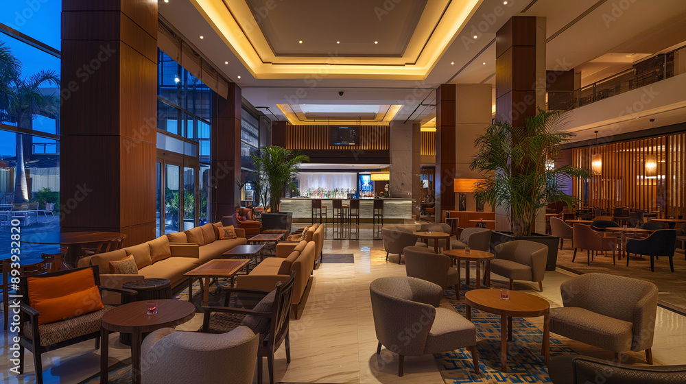 Fototapeta premium A hotel lobby with a lot of seating and a bar