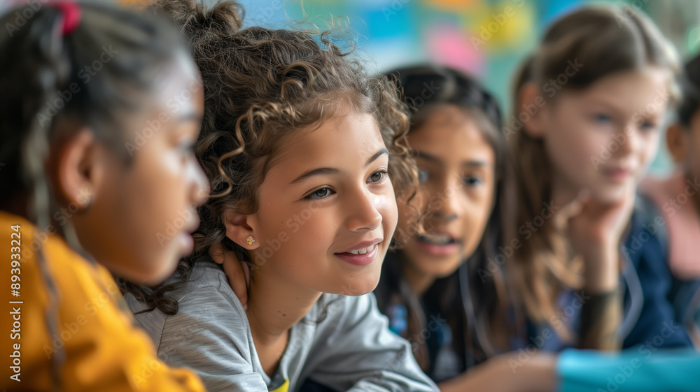 A schoolgirl girl is smiling at a group of children in a library. The children are looking at him and smiling back, back to school A schoolgirl girl is smiling at a group of children in a library. The children are looking at him and smiling back, back to school