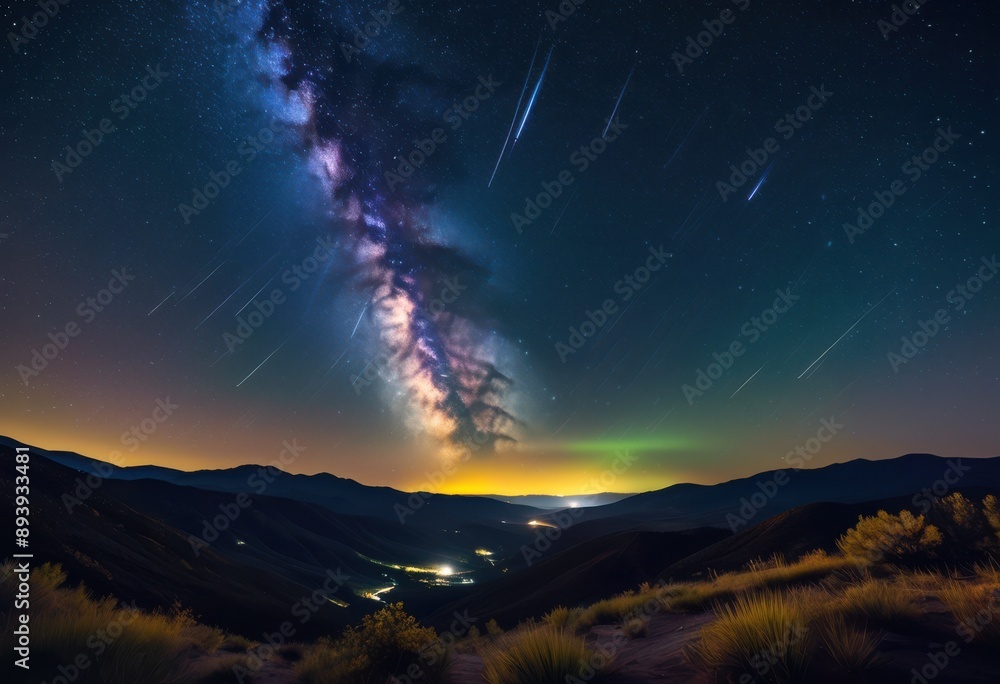 starry meteor shower illuminating tranquil valley below, night, sky, shooting, stars, celestial, event, astrophotography, cosmic, display, nighttime, scenery, setting starry meteor shower illuminating tranquil valley below, night, sky, shooting, stars, celestial, event, astrophotography, cosmic, display, nighttime, scenery, setting