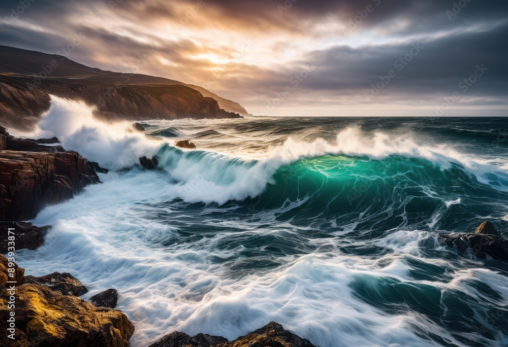 Obraz premium powerful waves crashing dramatic rugged coastal seascape motion, ocean, water, shoreline, nature, rocks, splashing, erosion, dynamic, foam, force, movement, scenic