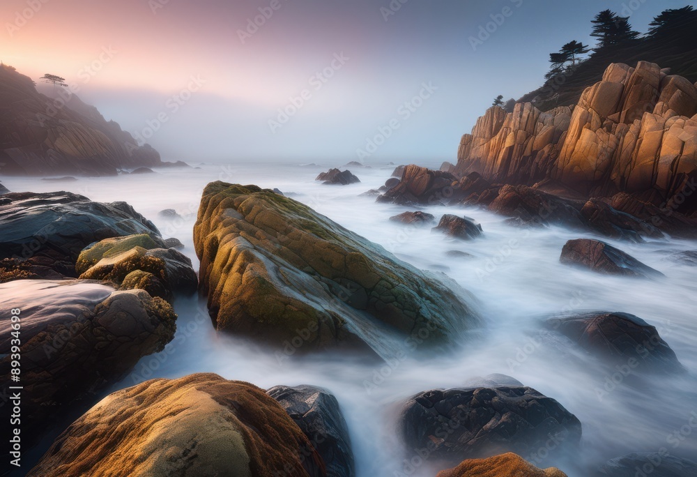 Obraz premium serene ocean mist surrounding coastal rocks landscape view, environment, nature, tranquil, seascape, water, fog, scenery, horizon, shore, seaside, atmosphere, calm, cliff