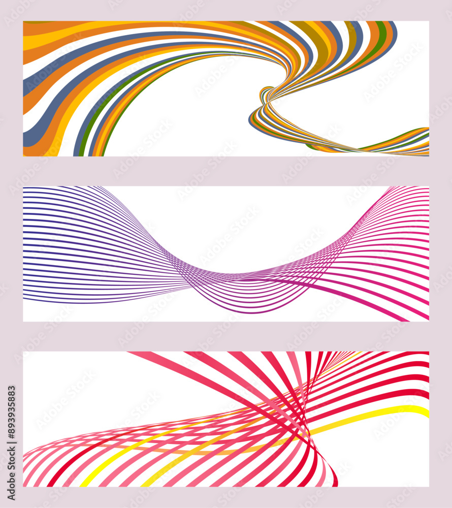 Wavy lines or ribbons. Set of 3 backgrounds. Multicolored striped gradient. Creative unusual background with abstract gradient wave lines to create a trendy banner, poster. vector eps Wavy lines or ribbons. Set of 3 backgrounds. Multicolored striped gradient. Creative unusual background with abstract gradient wave lines to create a trendy banner, poster. vector eps