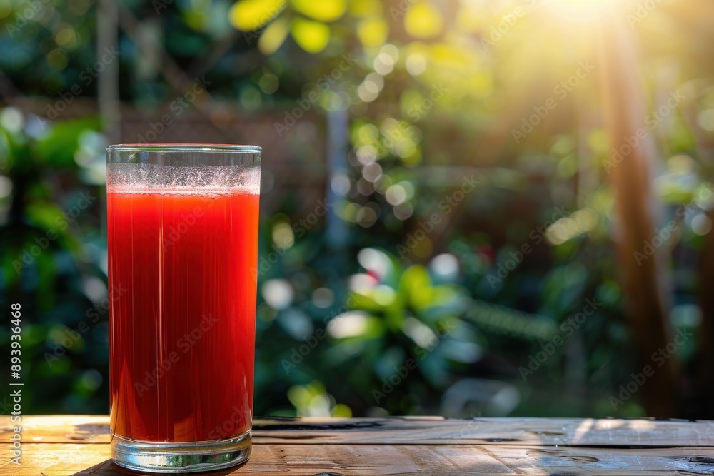 Garden backdrop featuring a glass of fresh multivitamin juice. Focus is select Garden backdrop featuring a glass of fresh multivitamin juice. Focus is select