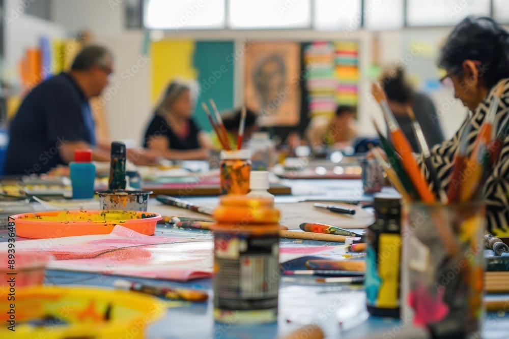 Obraz premium Adults engaging in a creative workshop at a local community center, surrounded by colorful art materials
