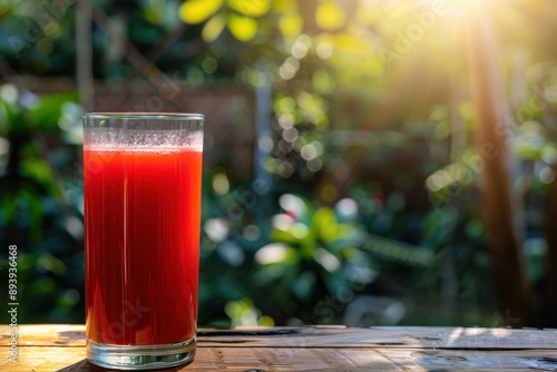 Garden backdrop featuring a glass of fresh multivitamin juice. Focus is select