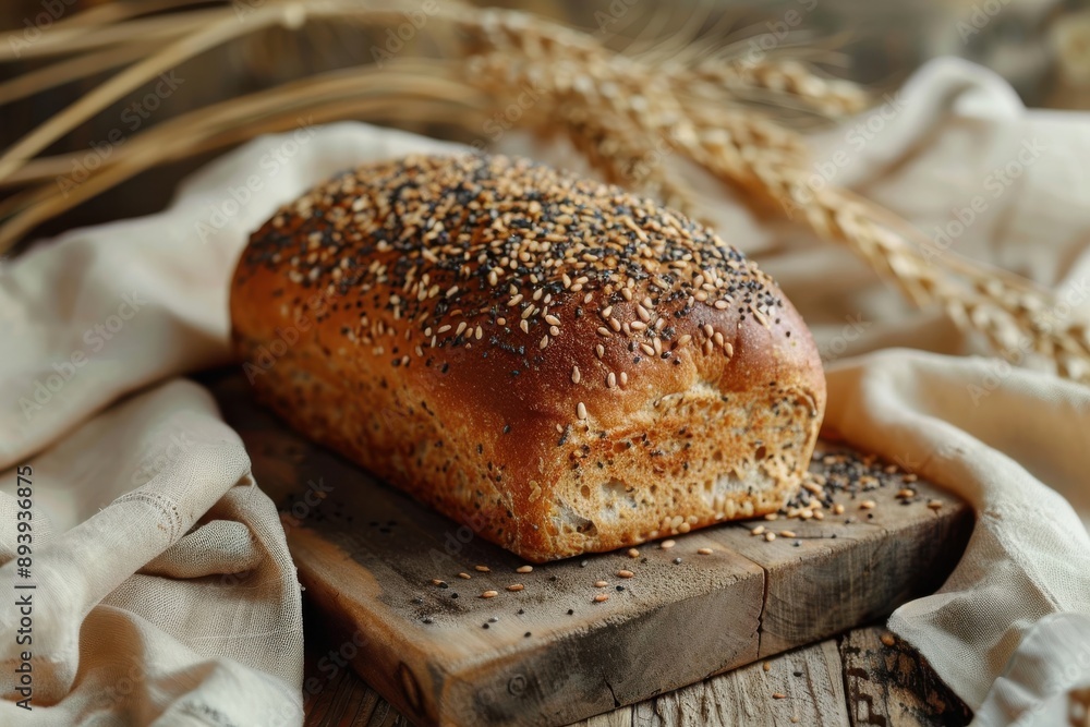 A beautifully crafted whole grain bread, adorned with seeds, rests on a wooden plank with a beige fabric and wheat shafts in the background, amplifying the craft-like atmosphere A beautifully crafted whole grain bread, adorned with seeds, rests on a wooden plank with a beige fabric and wheat shafts in the background, amplifying the craft-like atmosphere