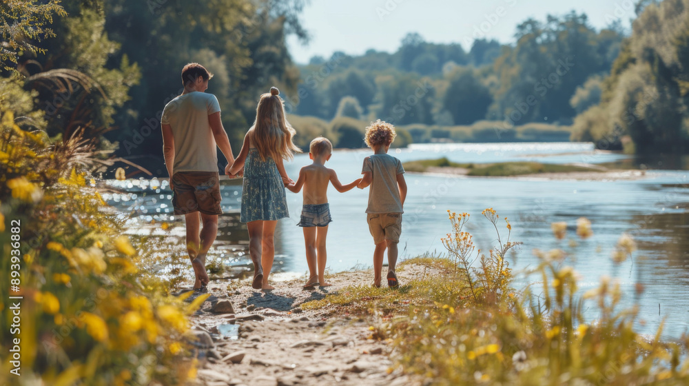 Fototapeta premium Summer Splash: A Young Family by the River