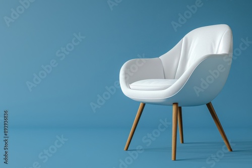 Ai-created depiction of a contemporary white velour chair with wooden legs, standalone against a blue backdrop with copying space