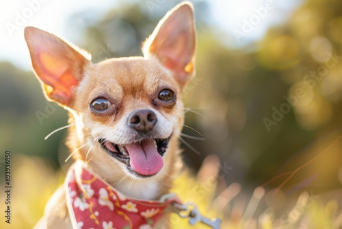 Happy Chihuahua with a stylish bandana enjoying the sunny outdoors after a grooming session