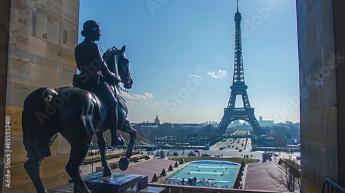 Statue équestre du cavalier grec du pont d’Iéna et vue sur les anneaux olympiques installés sur la tour Eiffel pour les jeux olympiques d’été de Paris 2024 photo