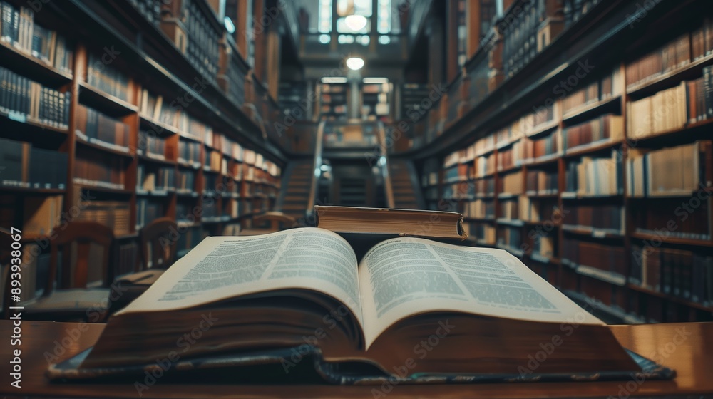 Fototapeta premium Book in library with open textbook