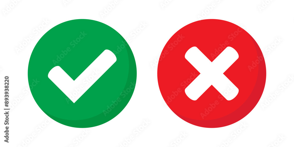Right or wrong icons. Green tick and red cross checkmarks. Yes or no symbol, approved or rejected icon for user interface. Right or wrong icons. Green tick and red cross checkmarks. Yes or no symbol, approved or rejected icon for user interface.