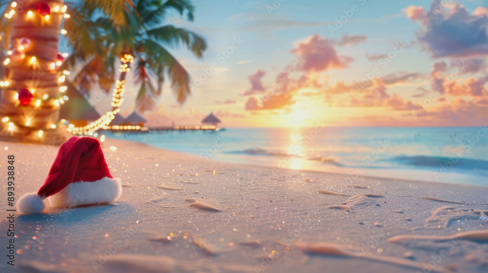 red christmas hat on tropical beach during sunset, palm trees
