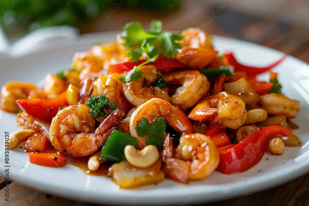 Stir fried crispy shrimp with cashew nuts and sweet pepper in white plate.Thai food not spicy - generative ai Stir fried crispy shrimp with cashew nuts and sweet pepper in white plate.Thai food not spicy - generative ai