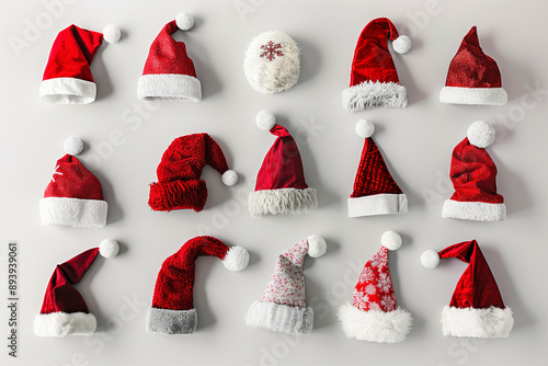 ollection of Santa Claus hats, each with unique designs and textures, displayed on a festive table. The hats range from classic red velvet with white fur trim, to modern variations in different colors photo