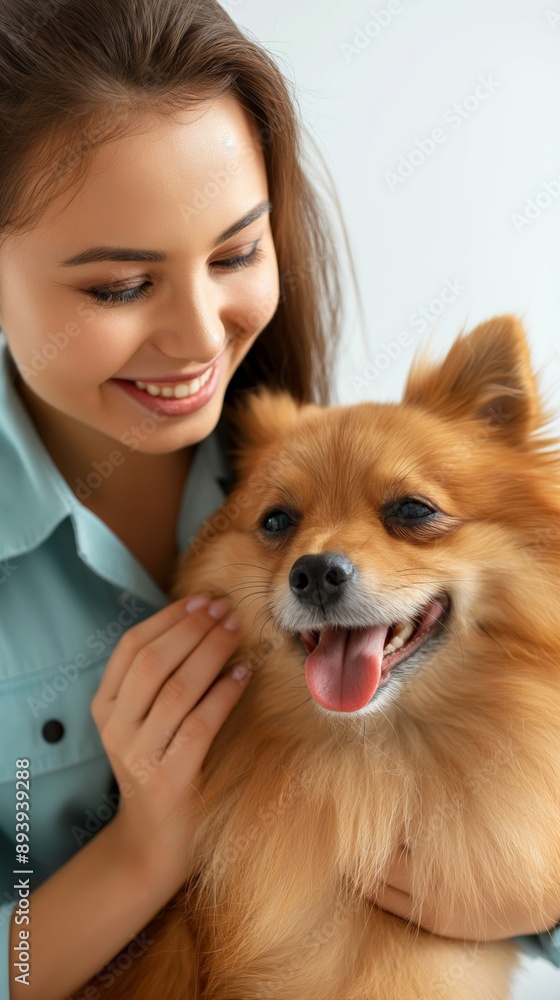 A young woman smiles warmly as she pets her happy, fluffy dog. The close bond between the woman and her pet is evident in their joyful expressions. A young woman smiles warmly as she pets her happy, fluffy dog. The close bond between the woman and her pet is evident in their joyful expressions.
