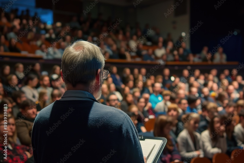 A man in formal attire stands confidently before a diverse crowd of individuals, his back to the camera, engaging his audience with a captivating lecture A man in formal attire stands confidently before a diverse crowd of individuals, his back to the camera, engaging his audience with a captivating lecture