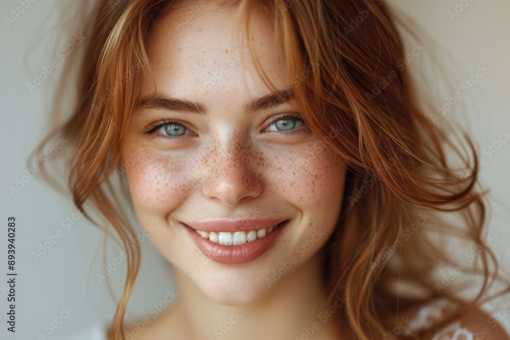 Effortless charm: A woman in a white top exudes happiness with her bright eyes and a carefree smile. Effortless charm: A woman in a white top exudes happiness with her bright eyes and a carefree smile.