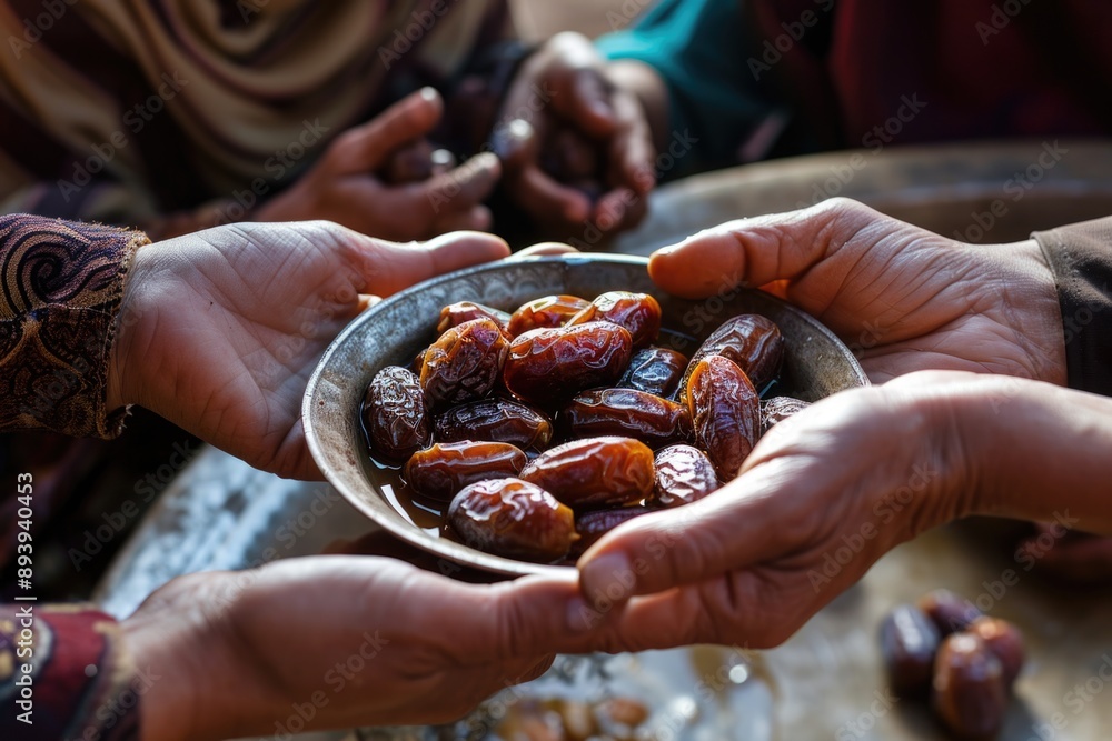 Diverse Togetherness: Hands of various sizes and skin tones coming together to enjoy dates, showcasing diversity in unity. Diverse Togetherness: Hands of various sizes and skin tones coming together to enjoy dates, showcasing diversity in unity.