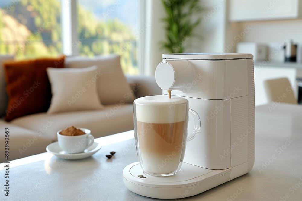 Modern coffee machine making a latte in a bright kitchen with a bowl of sugar beside Modern coffee machine making a latte in a bright kitchen with a bowl of sugar beside