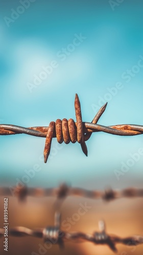 Close-up of a rusty barbed wire loop against a clear blue sky, highlighting the contrast between protection and openness