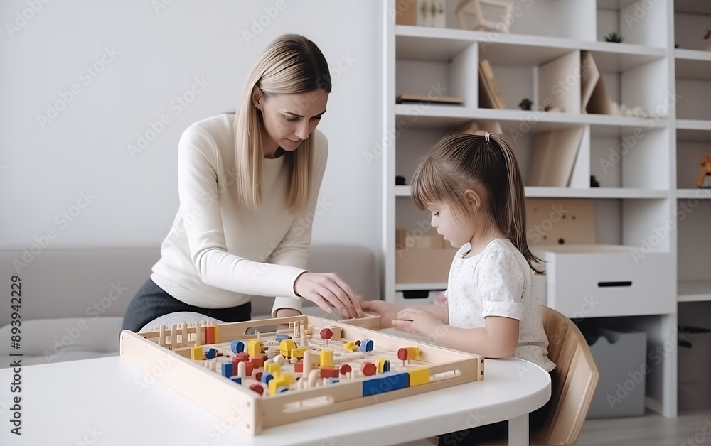 child and teacher in the center of the frame study at the table according to Montessori pedagogy, in the background there are shelves with toys, the concept of children's play with copy space. child and teacher in the center of the frame study at the table according to Montessori pedagogy, in the background there are shelves with toys, the concept of children's play with copy space.