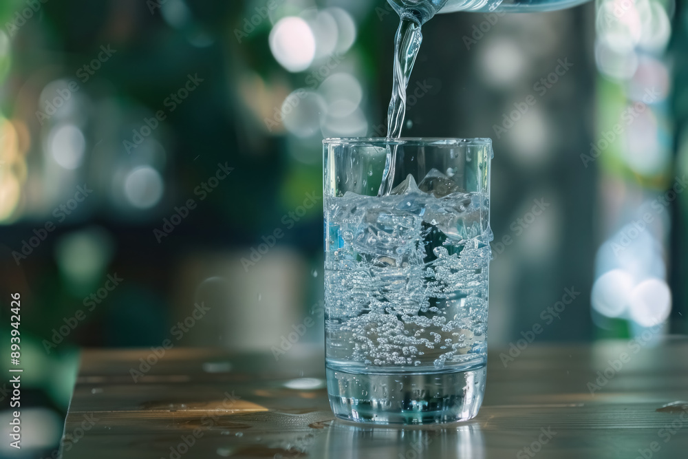 Refreshing Water Pouring into Glass on Wooden Table Refreshing Water Pouring into Glass on Wooden Table
