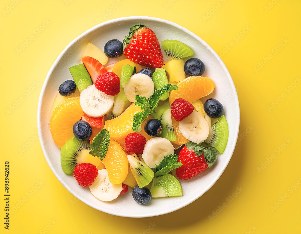 Mixed fruit salad in plate on yellow background top view. Diet summer food concept Mixed fruit salad in plate on yellow background top view. Diet summer food concept