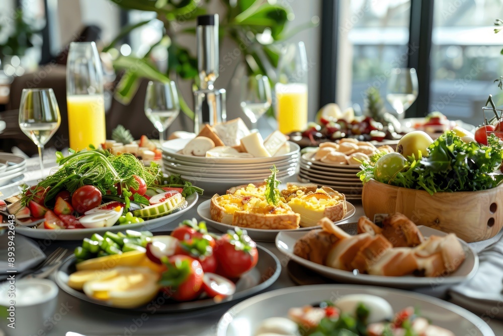 Table full of various fresh food in luxury modern restaurant in hotel. Delicious dishes, including fruits, pastries, and cooked meals on table. Restaurant setting. Breakfast or morning - generative ai Table full of various fresh food in luxury modern restaurant in hotel. Delicious dishes, including fruits, pastries, and cooked meals on table. Restaurant setting. Breakfast or morning - generative ai
