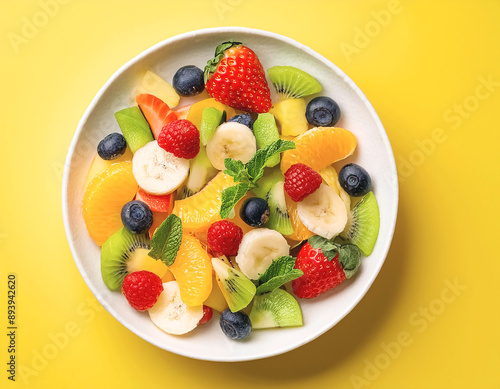 Mixed fruit salad in plate on yellow background top view. Diet summer food concept