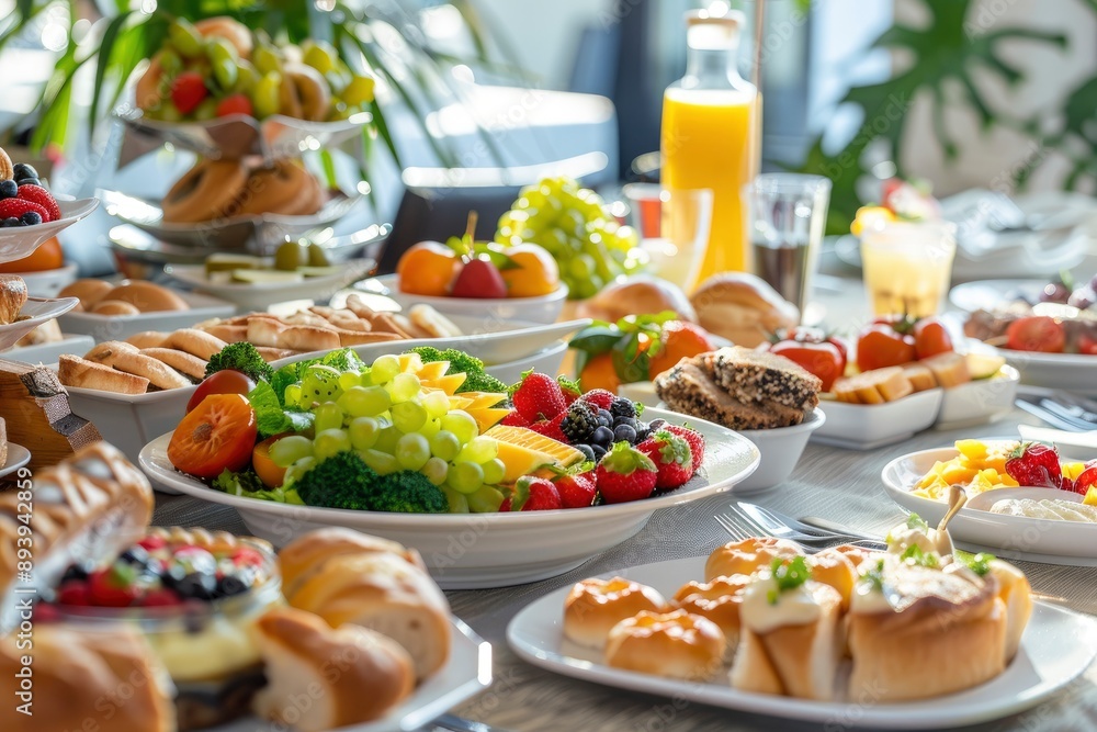 Table full of various fresh food in luxury modern restaurant in hotel. Delicious dishes, including fruits, pastries, and cooked meals on table. Restaurant setting. Breakfast or morning - generative ai Table full of various fresh food in luxury modern restaurant in hotel. Delicious dishes, including fruits, pastries, and cooked meals on table. Restaurant setting. Breakfast or morning - generative ai