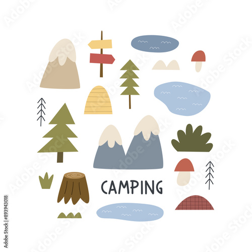 Cartoon camping thematic elements, hand drawing lettering. Colorful vector illustration, flat style. design for cards, print, poster, cover