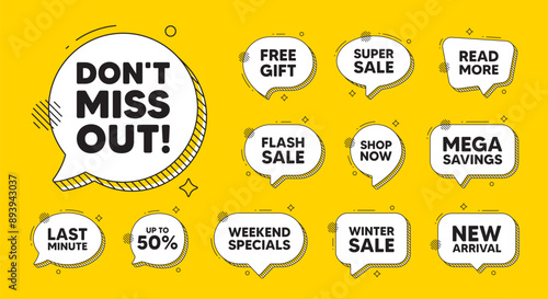 Offer speech bubble icons. Dont miss out tag. Special offer price sign. Advertising discounts symbol. Miss out chat offer. Speech bubble discount banner. Text box balloon. Vector