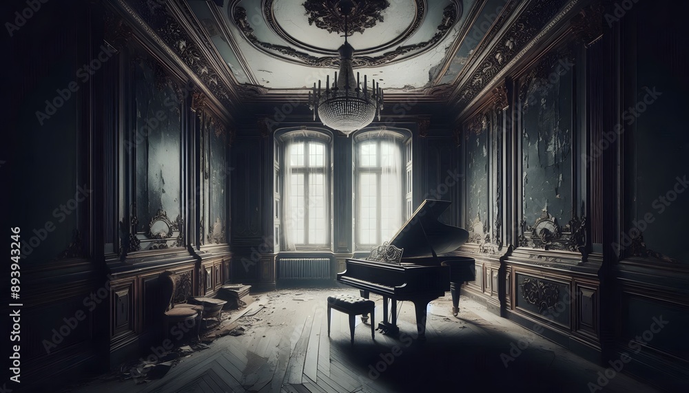 Old piano inside an abandoned palace Old piano inside an abandoned palace