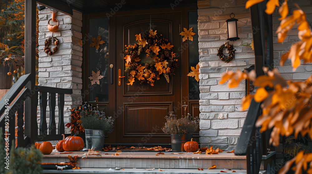 A cozy front porch decorated for autumn with pumpkins, wreaths, and warm lighting. A cozy front porch decorated for autumn with pumpkins, wreaths, and warm lighting.