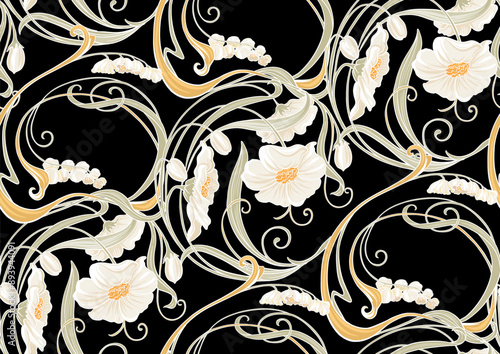 Decorative flowers and leaves in art nouveau style, vintage, old, retro style. Seamless pattern, background. Vector illustration. In art nouveau style, vintage, old, retro style.