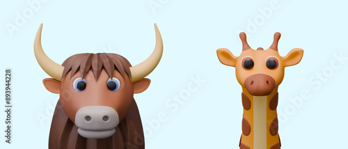 3D yak, giraffe in plasticine style, front view. Wild herbivores. Funny characters