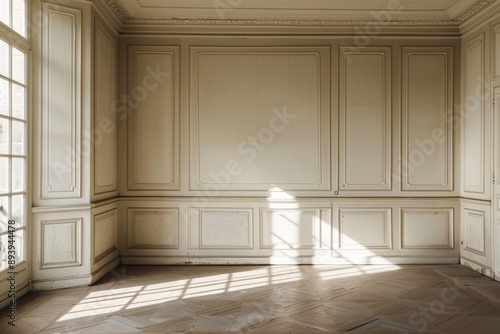 Classic interior of a room with white walls and parquet floor. © Inigo