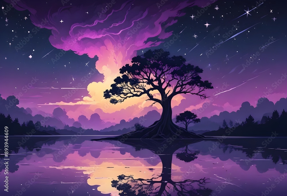 A lone tree with a large purple cloud-like canopy reflected in a still body of water, surrounded by a minimalist purple and black landscape A lone tree with a large purple cloud-like canopy reflected in a still body of water, surrounded by a minimalist purple and black landscape