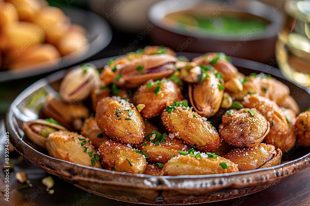 Fried pistachios on a plate with spices, herbs and salt Fried pistachios on a plate with spices, herbs and salt