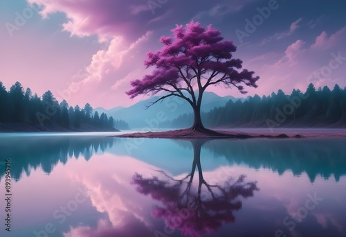 A lone tree with a large purple cloud-like canopy reflected in a still body of water, surrounded by a minimalist purple and black landscape