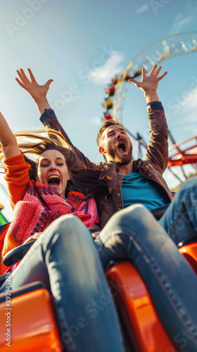 Couple screaming on a roller coaster ride at an amusement park for mobile