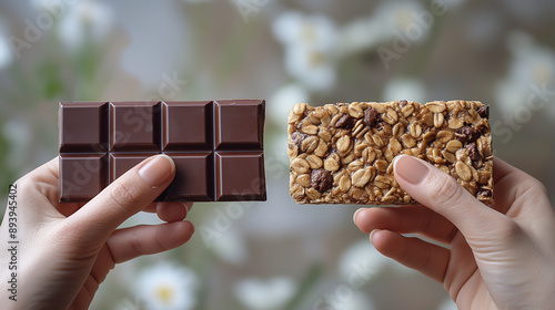 Two people holding up a chocolate bar and a granola bar
