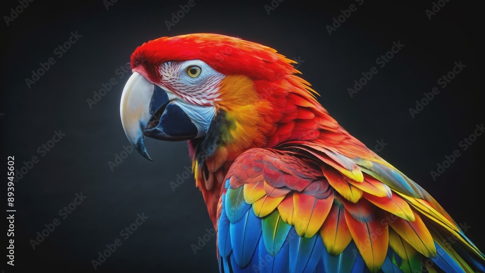 Naklejka premium Colorful parrot with vibrant red, blue, and yellow feathers on black background, exotic, tropical, bird, vibrant, vivid
