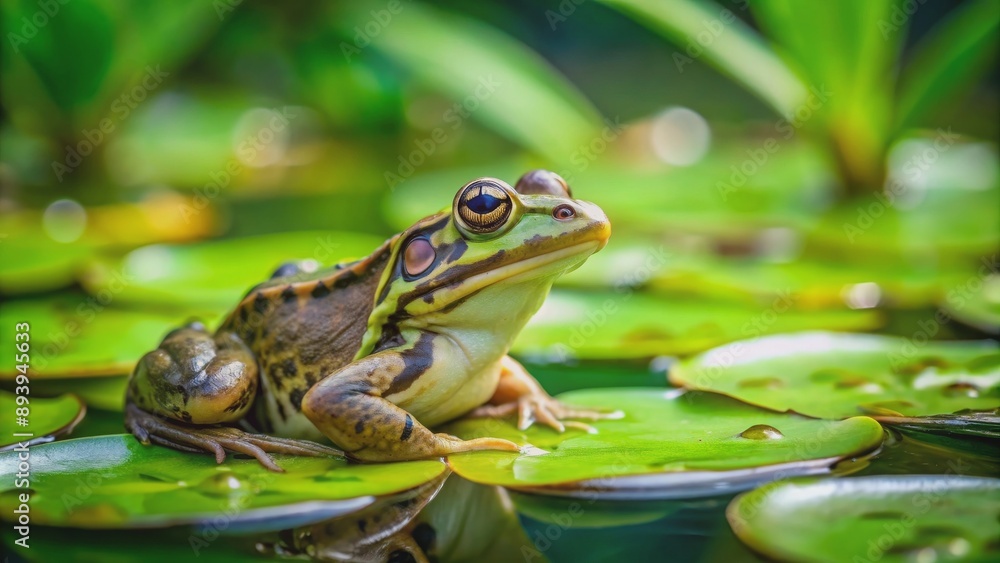 Frog sitting on lush green plant in a pond , nature, amphibian, wildlife, botanical, environment, ecosystem, water, foliage Frog sitting on lush green plant in a pond , nature, amphibian, wildlife, botanical, environment, ecosystem, water, foliage