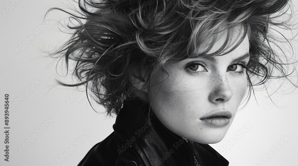 Naklejka premium A close-up black and white portrait of a young person with a thoughtful expression and messy short hair, reflecting a sense of contemplation and depth in their gaze.